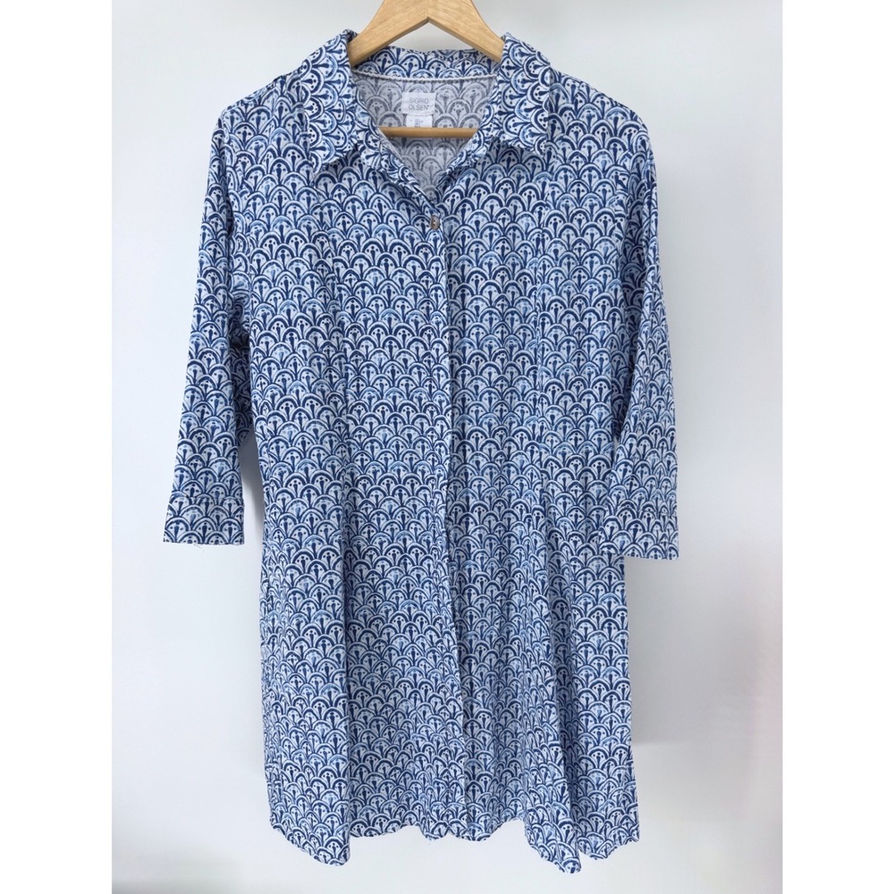 Sigrid Olsen LINEN Blend Shirt Dress Womens L Blue Geometric Print Coastal